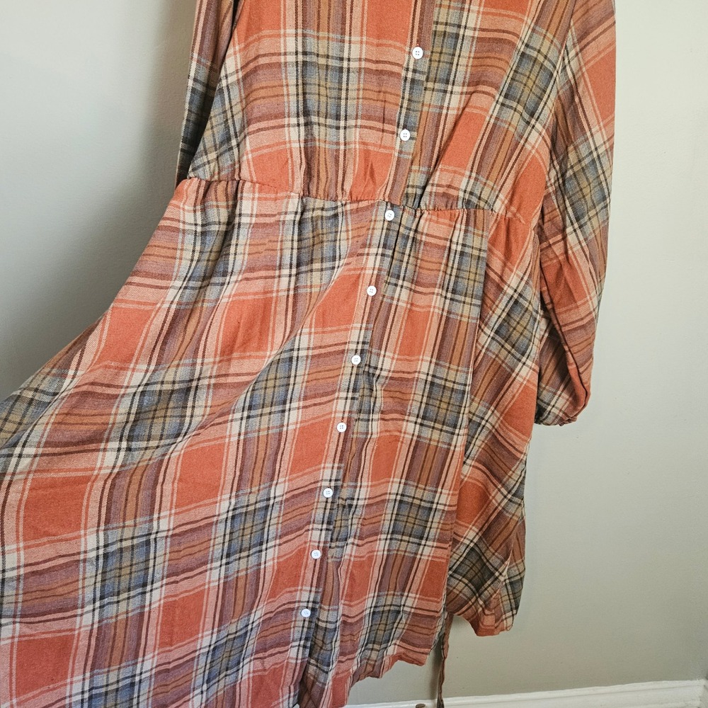 Plaid Flannel Button Front Midi Shirt Dress Sz 4XL Plus Orange Brown Belted - Picture 4 of 8